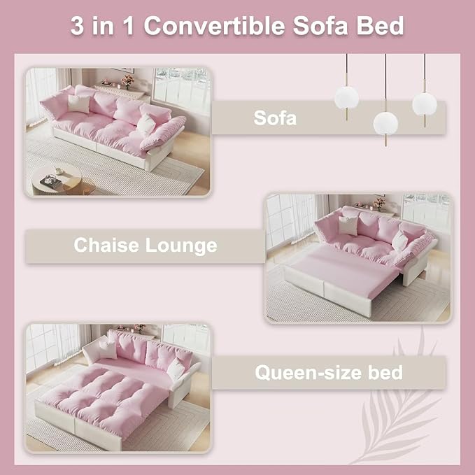 3-in-1 Folding Convertible Sleeper Tufted Sofas Pull Out Sofa Bed with 2 Soft Pillows Multi-Functional Velvet Loveseat Bed Pink