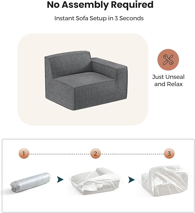Amada 80 L Shaped Sofa Modular Corduroy Clopud Couches with Deep Seats &ampHigh-Back Upholstered Couches for Living Room Bedroom with Ottoman No Assembly Required(2-Seater&amp1 OttomanGrey)