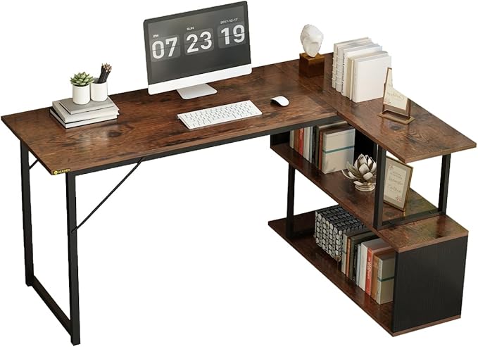 48.8in Compact L-Shaped Computer Desk with 2-Tier Storage Shelf Sturdy Construction Ideal for Home Offices and Gaming Rooms Brown