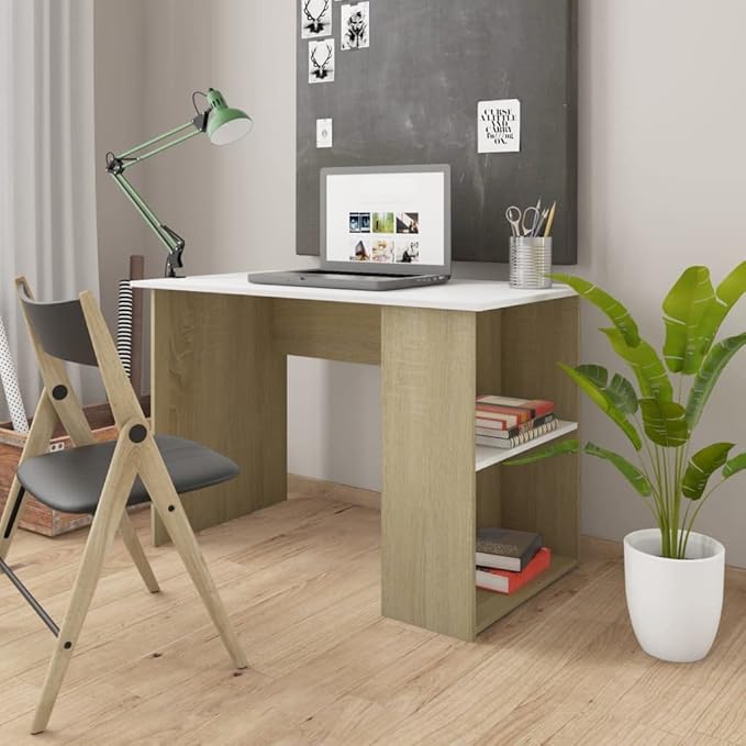 vidaXL Desk Standing Computer Desk with Shelves Workstation for Living Room Home Office Desk Modern Style White and Sonoma Oak Engineered Wood