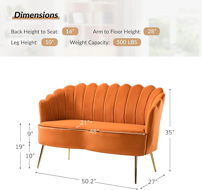 Velvet Upholstered Loveseat Sofa with Gold Metal Legs Modern Comfy Small Love Seat with Flower Shaped Back 2-Seater Sofa Accent Couch for Living Bedroom Leisure Areas