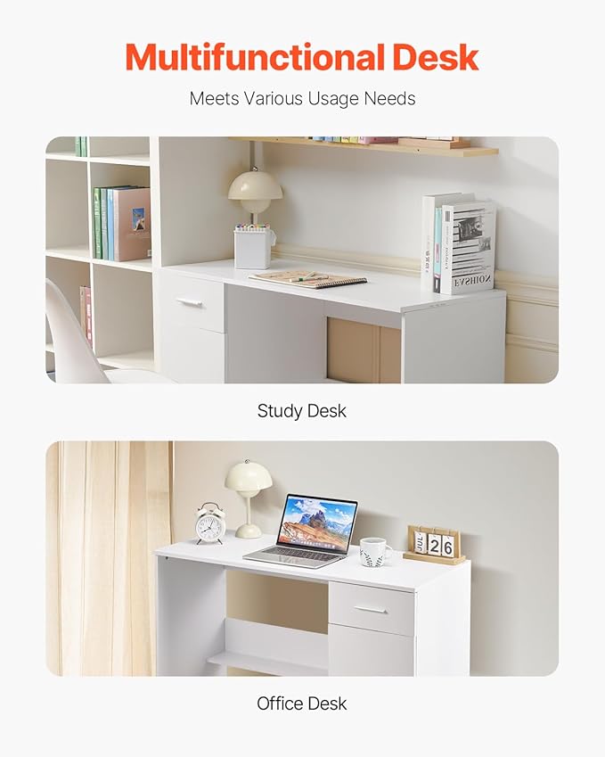 VEVOR Small Desk with Drawer Kids Desk for Bedroom Wooden Simple Study Table for Drawing Reading Writing Rectangle MDF Study Storage Table with Adjustable Shelf for Home Office White