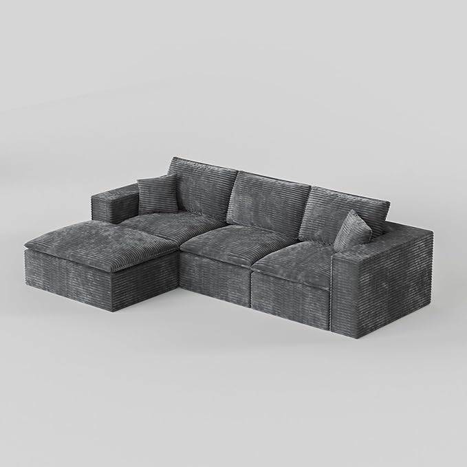 108 Boneless Compression Sectional Sofa L-Shape Interchangeable Chaise Deep Seat with High-Resilience Foam Soft Corduroy Upholstery No Assembly Needed for Living Room Bedroom