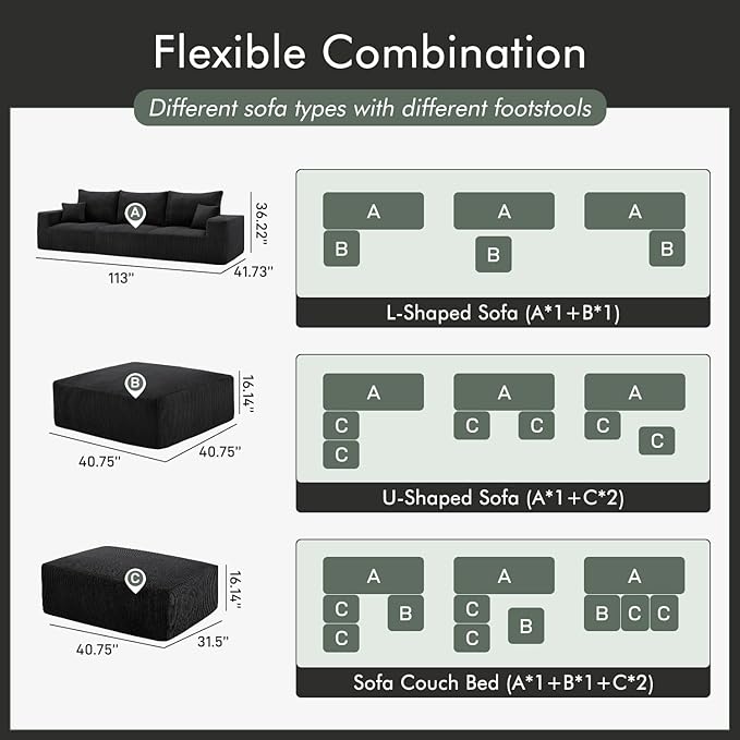 113 Modular Sectional Couch Cloud Boneless Sofa with Deep Seats Upholstered Corduroy Sleeper Sofa Bed with 3-Seater for Living Room No Assembly Required Black