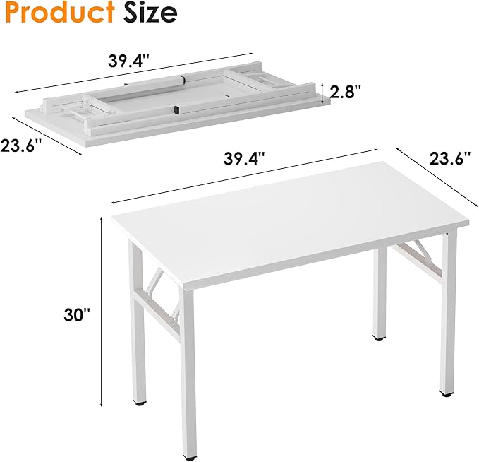 SDHYL 39 inches No Assembly Foldable Computer Desk for Home Office Modern Simple Portable Study and Writing Table Conference Workstation with Metal Frame White