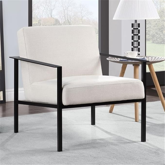 Pemberly Row Accent Chair 28.5 W x 31.75 D x 31 H Black Powder Coated Metal Frame Polyester Oatmeal Cream Upholstery Modern Architectural Design with Floor Glides for Living Room or Office Use