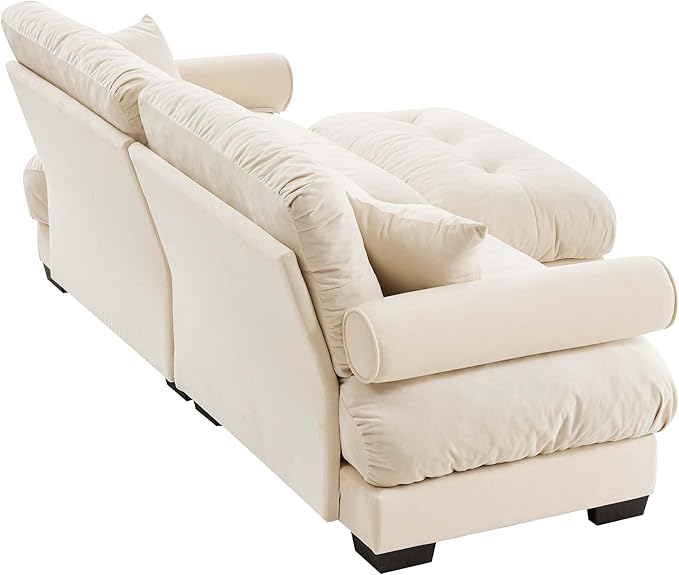 Oversized Modern Cream Velvet 2-Seater Sofa with Ottoman L-Shaped for Living Room &amp Loft - Exquisite Stylish Design