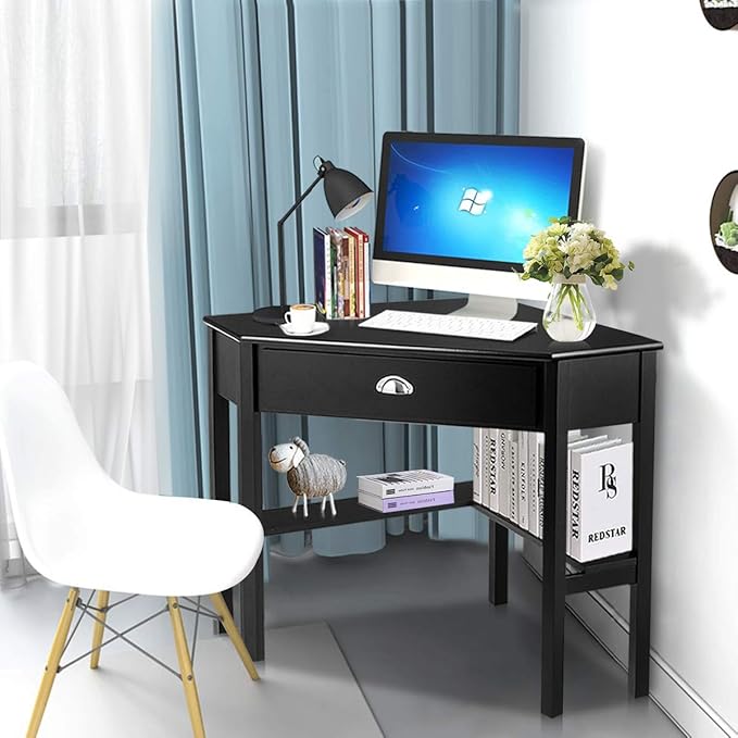 Tangkula Corner Desk Corner Computer Desk with Drawer for Small Space Small Corner Makeup Vanity Desk 90 Degrees Triangle Corner Desk with Storage Shelves