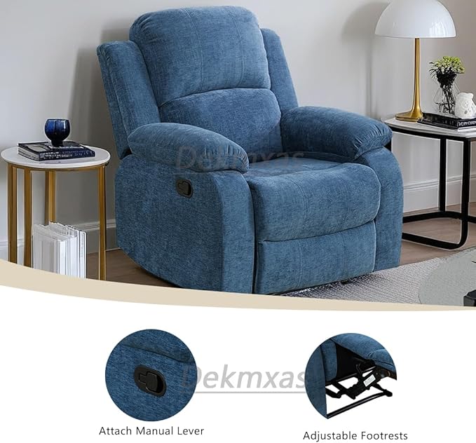 Fabric Recliner Chair Contempary Manual Motion Reclining Chair Living Room Furniture Microfiber Single Recliner with Overstuffed Arm &amp Back for Living Room/Bedroom/Office/Rv Car (Blue Chair)