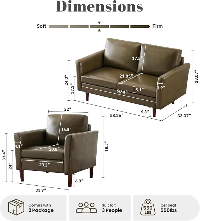 Kingfun Faux Leather 3 Seat Couch Set for Living Room Mid Century Modern Sofa with Rolled Arms and Deep Seats Fluffy Comfort for Apartment Easy to Assemble Olive Green Loveseat and Chair