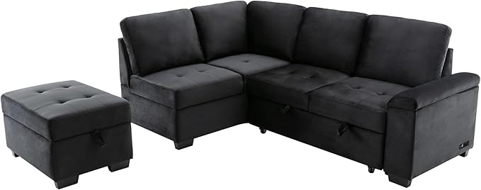 87.4 Sleeper Sectional Ottoman and Hidden Arm StoragePull-Out L-Shape Corner Couch Sofa-Bedw/USB ChargeErgonomic Designfor DormApartmentStudioOfficeBlack