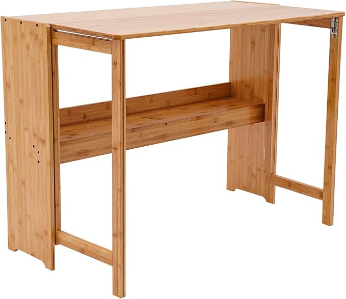 Folding Desk for Small Space Computer Desk with Bookshelf Multifunctional Bamboo Rectangular Dining Table Work Desk Writing Desk for Student Office 40.5 W x 29.9 H (Wood Color)