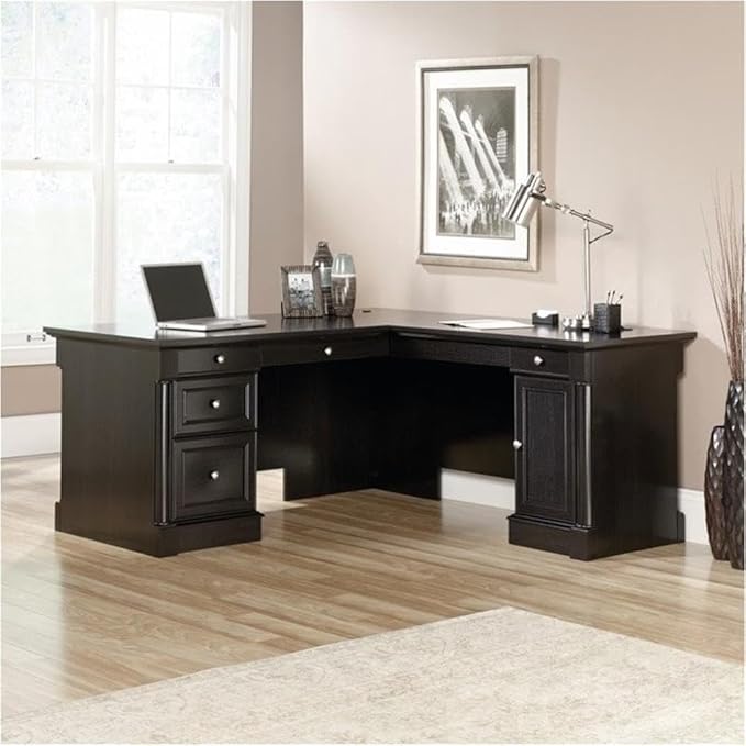 BOWERY HILL L-Shape Home Office Executive Desk with Large Drawers Letter Size Hanging File Drawer and CPU Tower in Wind Oak Finish