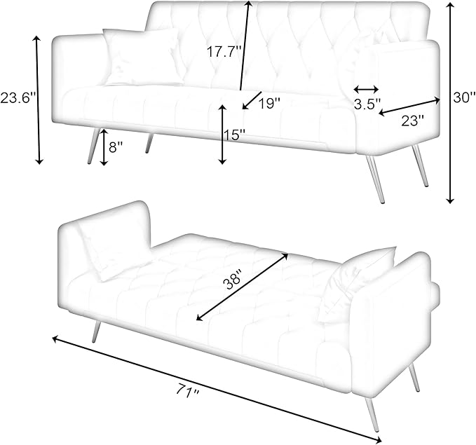 71 Futon Sofa Bed VelvetConvertible Sleeper Sofa CouchModern Folding Futonwith 3 Adjustable Backrests and 2 Pillowsfor Small Living Room Bedroom Office (Beige)