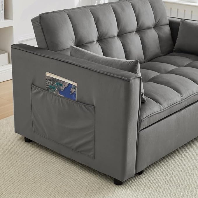 70 3 in 1 Pull Out Couch Loveseat Sleeper Sofa with Side Pockets Convertible Velvet Fabric Sofa Bed for Living Room Bedroom Apartment Easy Assembly Grey