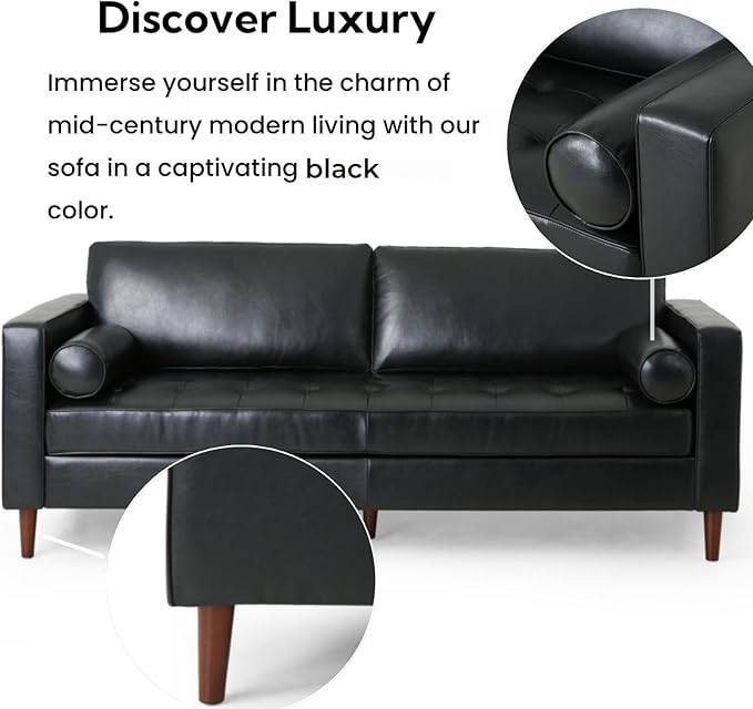 Merax Upholstered PU Sofa Classic 3 Seater Leather Couch with Wooden Legs for Living Room Bedroom Officee Black