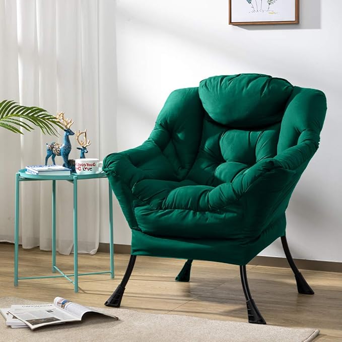 HollyHOME Modern Fabric Large Lazy Chair Accent Oversized Comfy Reading Chair Thick Padded Cozy Lounge Chair with Armrest Steel Frame Leisure Sofa Chair for Living Room Bedroom Dorm Green