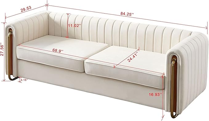 KEVINSPACE 84.25 Modern Sofa Couch Velvet Loveseat Sectional Sofa Couch with Gold Legs for 3-4 Persons Upholstered Deep Seat Love Seat Mid-Century Sofa for Living Room Office Apartment Beige