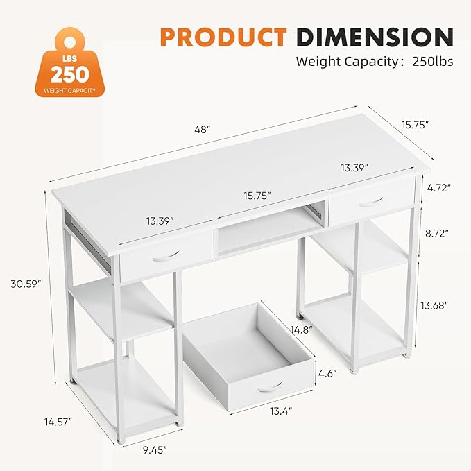Sweetcrispy Computer Gaming Desk with Fabric Drawers - 48 Inch Home Office Bedroom Writing StudyTable with Storage Shelves Adjustable Feet PC Desk White