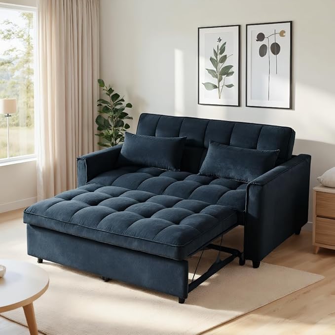 Modern Velvet Sofa Bed with 3-Level Adjustable Backrest &amp Included Pillows Pull Out Convertible Sleeper Chair with High Density Foam for Small Spaces (Black)