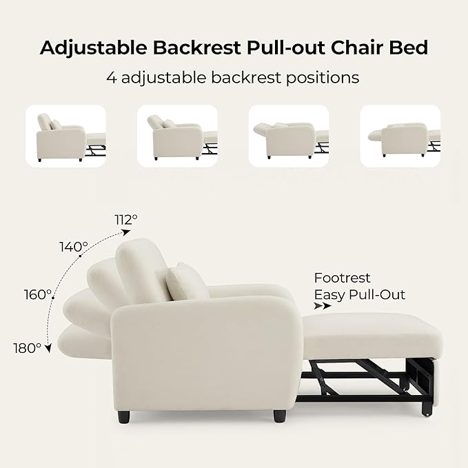 CHITA Sleeper Chair 3-in-1 Pull Out Convertible Single Sofa Bed with Adjustable Backrest Chenille Chaise Lounge Chair for Living Room Bedroom &amp Apartment Cream