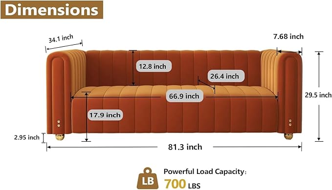 81.3'' Orange Velvet Modern Mid Century Deep Seat Sofa Oversized 3-Seater Loveseat Comfy Couch for Living Room and Apartment Furniture