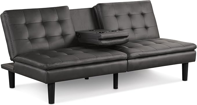 Furniture of America Fallein Modern Contemporary Wood 71.5-inch Futon Sofa Bed with Drop-Down Table Cup Holders USB-A Charger Biscuit Tufting for Bedroom Guest Room Gray
