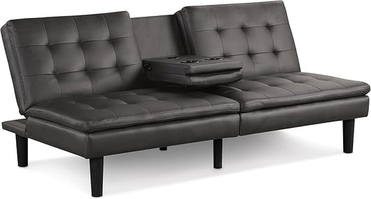 Furniture of America Fallein Modern Contemporary Wood 71.5-inch Futon Sofa Bed with Drop-Down Table Cup Holders USB-A Charger Biscuit Tufting for Bedroom Guest Room Gray