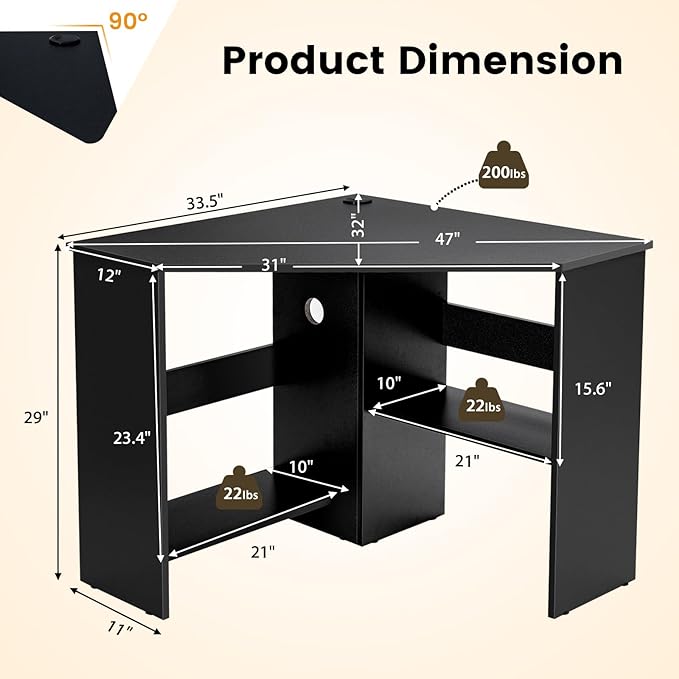 GOFLAME Corner Desk with Storage Shelves Triangular Computer Desk with Cable Management Holes Laptop Workstation for Small Space Makeup Vanity Desk for Living Room Study Black