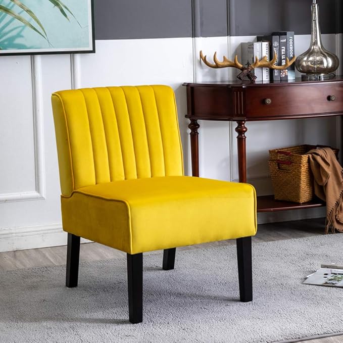 Mid Century Modern Accent Chairs Set of 2 with Minimalist Design Elegant Velvet Upholstery and Solid Wood Legs Ideal for Living Room or Bedroom Yellow