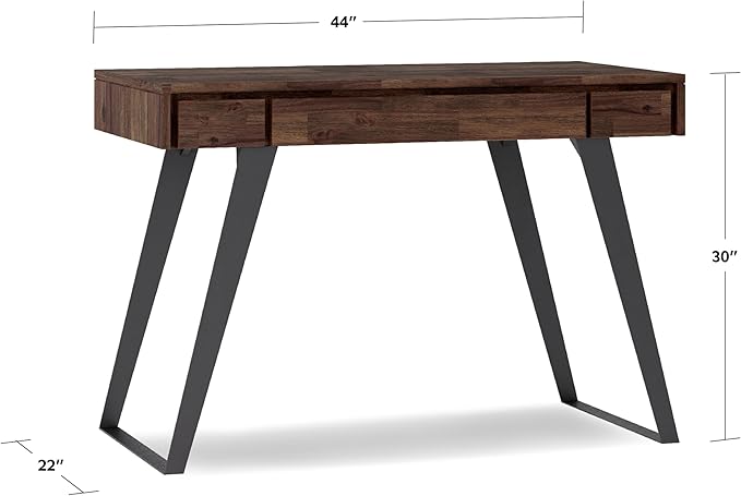SIMPLIHOME Lowry Small Desk - 44 Inch Wide Solid Acacia Wood and Metal Writing Desk in Distressed Charcoal Brown Modern Industrial Home Office Table with 2 Drawers and Flip-Down Keyboard Tray