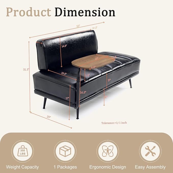 55 Sofa Couch for Living Room with 360° Swivel Side TableUpholstered Small Couches for Bedroom Office or Apartment (Black)