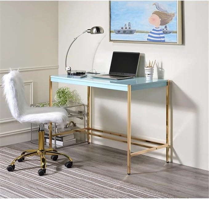 Acme Midriaks Wooden Top Writing Desk with USB Port in Baby Blue and Gold