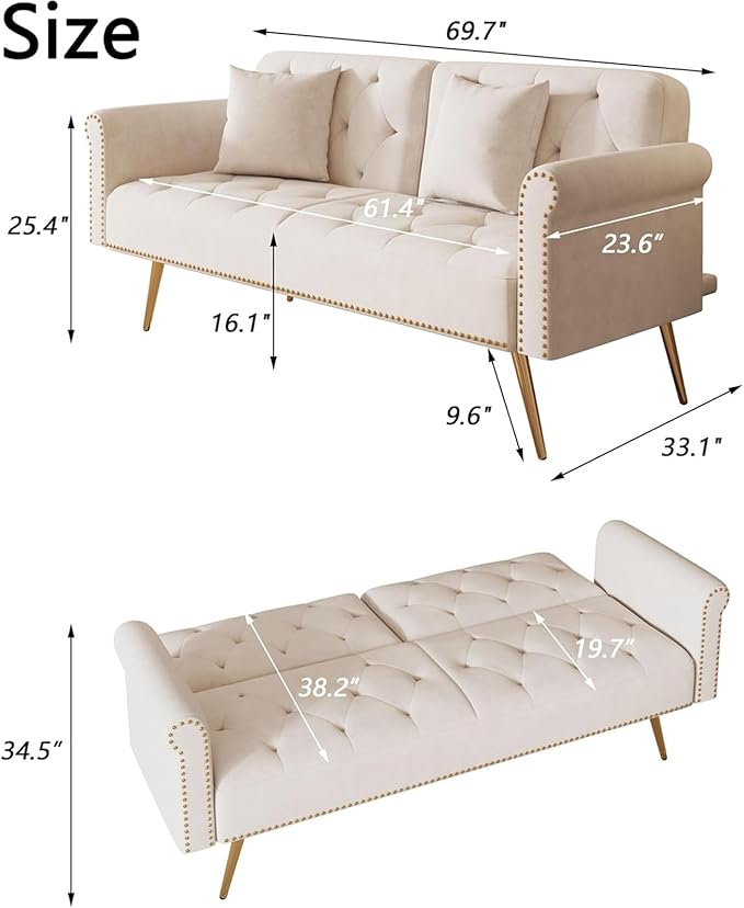 Stylish Velvet Sofa 70 Sofa Sleeper Convertible with Matching Pillows for Living RoomApartmentSmall Spaces (Beige)
