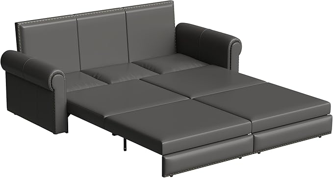 93.7 King Size Sleeper Sofa Bed Pull Out Sofa Bed Faux Leather Upholstery 3 in 1 Convertible Sleeper Couch Chaise Lounge Retro Recliner for Living Room Office Apartment Grey