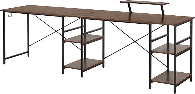 Techni Mobili Office Desk - Reversible L Shaped Desk with Storage Shelves Monitor Stand &amp Accessory Holder - Ergonomic &amp Industrial Workstation Corner Table with Durable Steel Frame Walnut