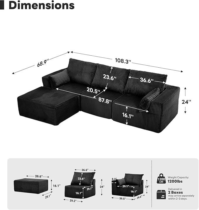Tbfit Sectional Cloud Couch for Living Room Modular Sofa Bed with Angled Armrest Comfy Boneless Sofa with Wide Seat &amp Deep Seat Black