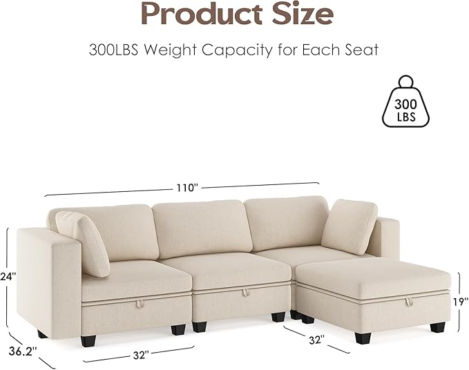 L Shaped Couch Convertible Sofa for Living Room Large Deep Seat Couches Oversized Modular Sectional 4 Seat Sofa with Storage Ottoman Cream