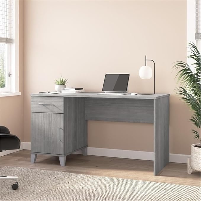 Bush Home Somerset 54W Office Desk with Drawer and Cabinet in Platinum Gray Computer Table with Storage for Home Office Workspace