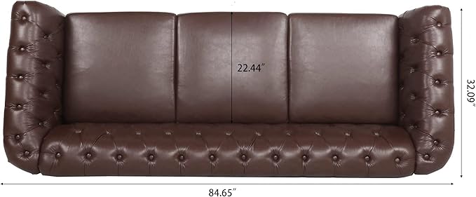 GDFStudio 85 Tufted Button Chesterfield Sofa with Deep Seat Cushions Rolled Arms &amp Gold Accent Strip 3-Seater Midcentury Modern Sofa for Living Room Classic Couch Furniture Dark Brown + PU