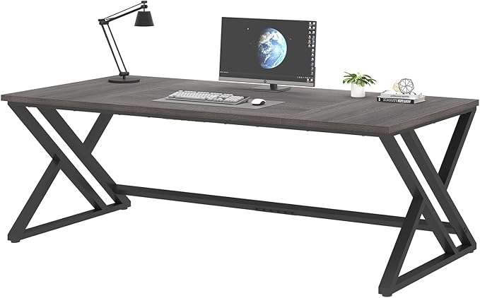 LVB 78.7 Long Executive Desk Modern Large Computer Office Desk Wood Metal Simple Pc Study Gaming Writing Table Industrial Laptop Desk Workstation for Home Bedroom Living Room Dark Gray 78.7 Inch