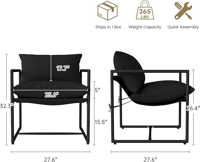 Kromax Sling Accent Chair Cozy Living Room Chairs Square Metal Frame Upholstered Soft Cushion Sponge 28 x28“x32 Easy Assembly Black