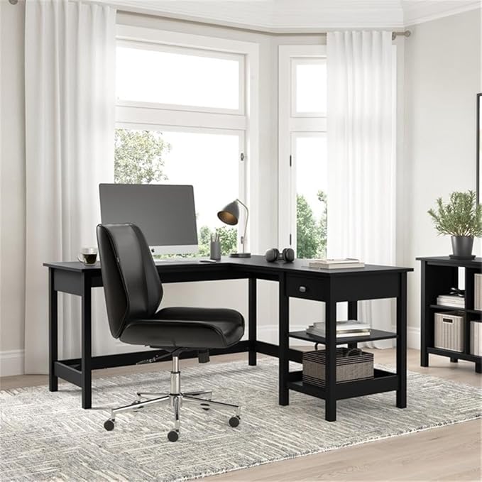 Bush Home Broadview 60W L Shaped Computer Desk with Storage in Classic Black Contemporary Table for Home Office Workspace