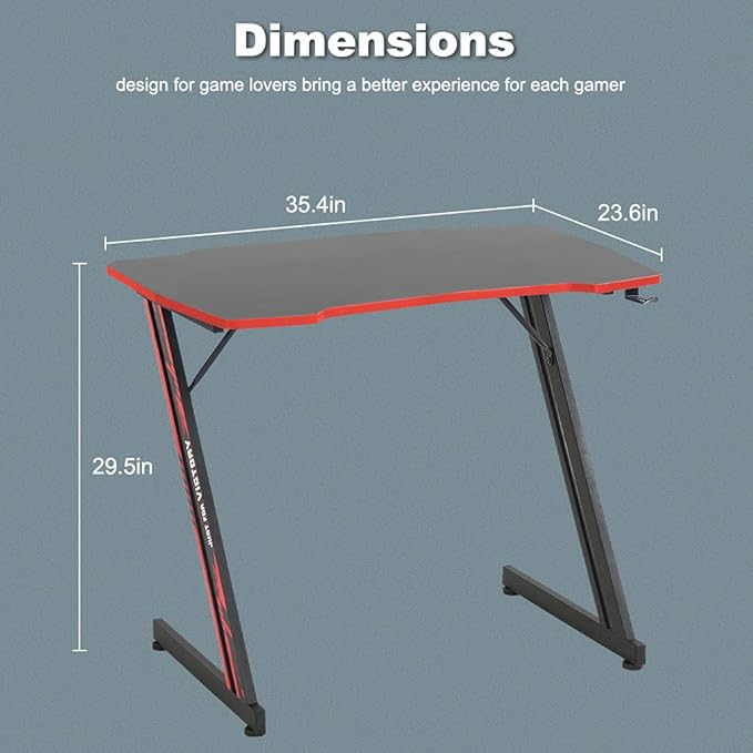 BestOffice Gmaing Desk 35.4in PC Computer Desk Z Shaped Gaming Workstation Ergonomic Gaming Table with Headphone Hook for Home Office Red