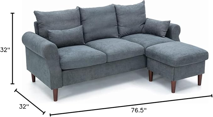 Panana Sectional Sofa Modern Deep 3-Seat Sofa Couch with Ottoman Upholstered Furniture for Living Room Apartment Studio Office (Grey Linen Rolled Arms)