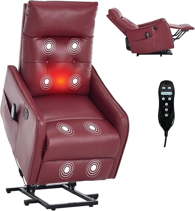 Small Power Lift Chair Recliner for Elderly Petite Power Recliner Chair with Massage and Heat | USB | High Back | Push Button | Side Pockets Liviing Room Easy Assembly (PU Leather Wine Red)