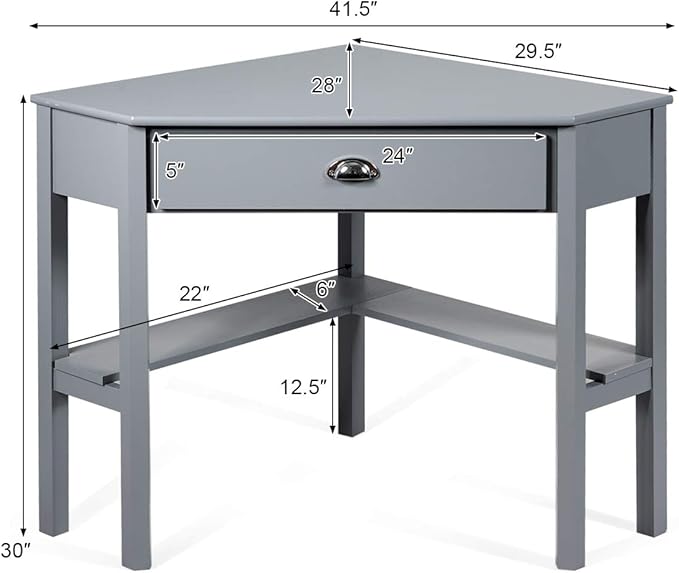 Tangkula Corner Desk Corner Computer Desk with Drawer for Small Space Small Corner Makeup Vanity Desk 90 Degrees Triangle Corner Desk with Storage Shelves (Grey)
