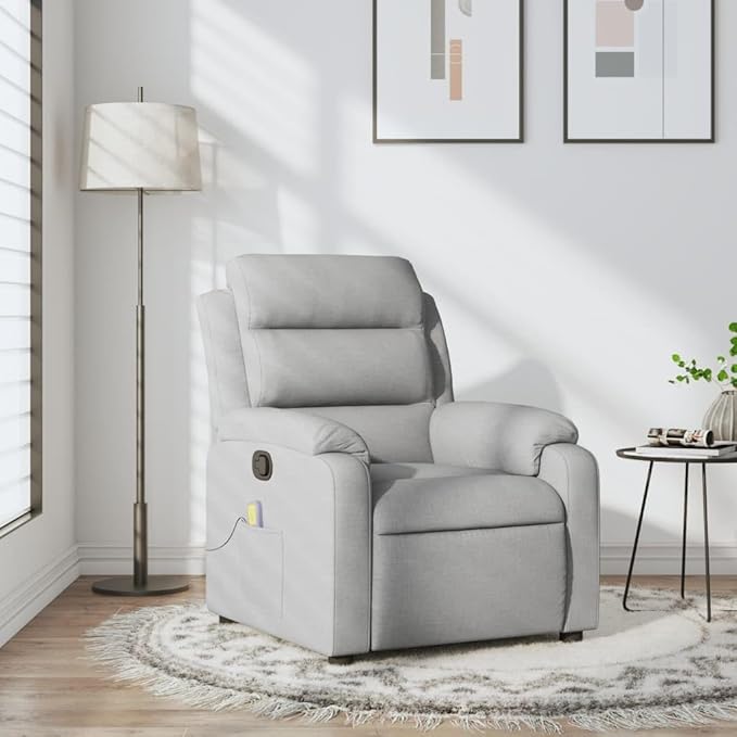 vidaXL Light Gray Massage Recliner Chair - Fabric Armchair with Manual Recline Vibration Massage Side Pocket and Sturdy Frame for Elderly/Living Room