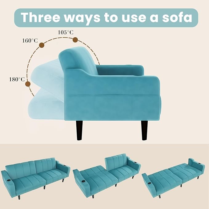 Brelice Futon Sofa Bed 80 Sleeper Loveseat Futon Couch with Cup Holders &amp Side Pockets Velvet Sofa Cama for Living Room and Small SpaceTeal