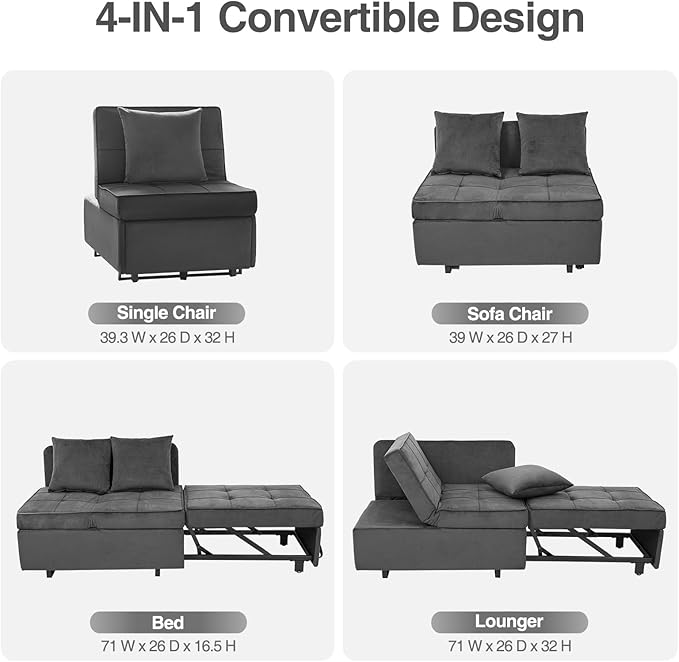 Sleeper Sofa Bed Convertible 4-in-1 Pull Out Couch with 5 Adjustable Backrest Modern Velvet Sofa with USB Ports &amp Storage Pocket (Includes Pillow) for Living Room BedroomApartment Dark Grey